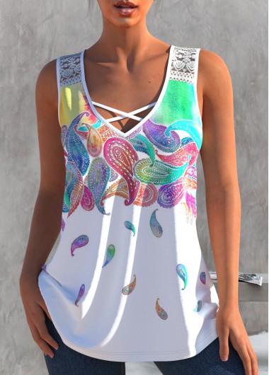 Lace Stitching White Cross Strap Tank Top