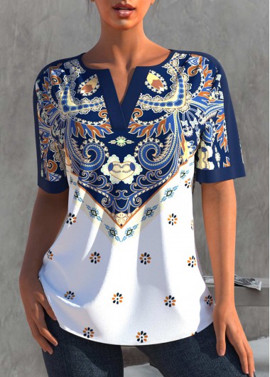 Navy Blue Split Neck Tribal Print Blouse