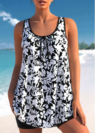 Bowknot Floral Print Black Tankini Set