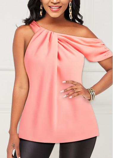 Pink Fold Skew Neck Tank Top