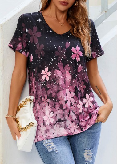 Floral Print V Neck Pink T Shirt