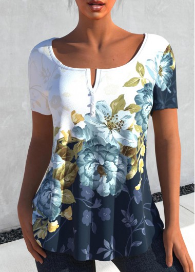 Floral Print Contrast Navy Blue Short Sleeve T Shirt