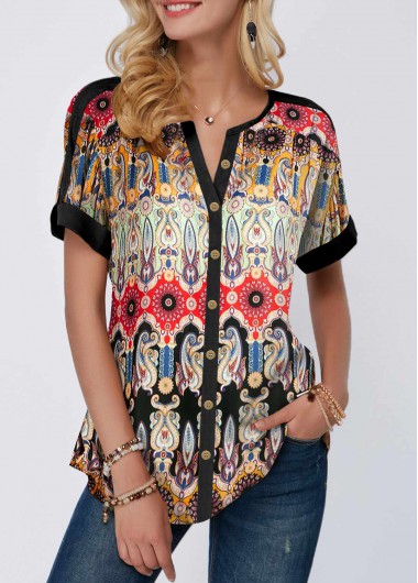 Tribal Print Multi Color Split Neck Blouse
