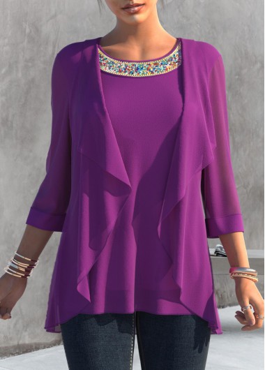 Embellished Neck Purple 3/4 Sleeve T Shirt