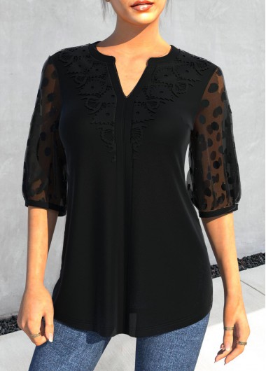 ROTITA Lace Patchwork Mesh Stitching Black Blouse