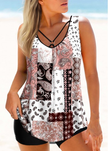 Tribal Print Pink Ring Detail Tankini Top