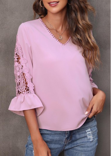 Lace Stitching Flare Sleeve Pink T Shirt