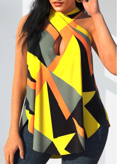Geometric Print Yellow Cross Halter Tank Top