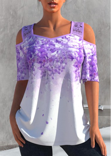 Lace Stitching Cold Shoulder Light Purple T Shirt