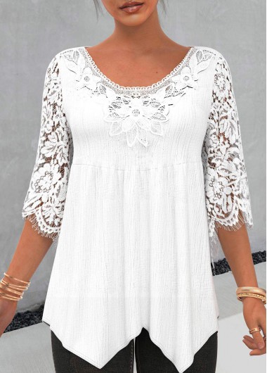 Lace Stitching White Asymmetric Hem 3/4 Sleeve Blouse