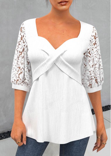 Lace Patchwork Sweetheart Neckline White 3/4 Sleeve Blouse
