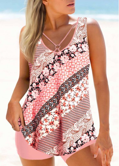 Pink Floral Print Cross Strap Tankini Set