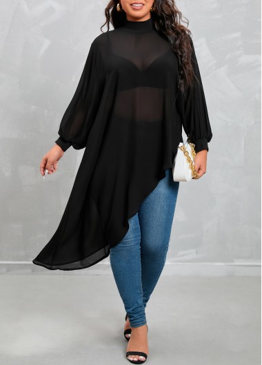 Plus Size Asymmetric Hem Lantern Sleeve Black T Shirt