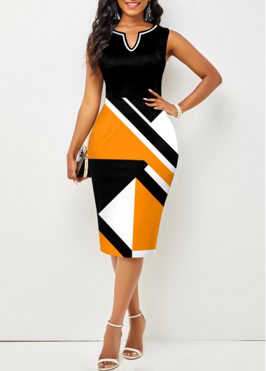 Split Neck Black Geometric Print Dress