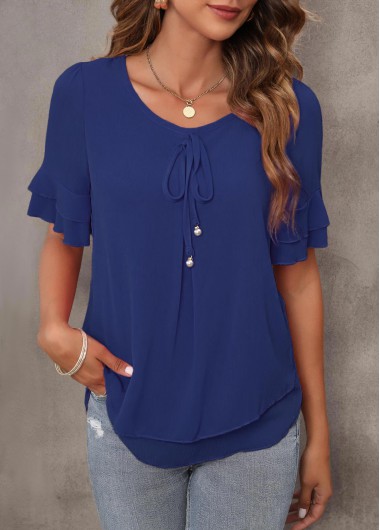 Layered Hem Navy Blue Tie Front T Shirt