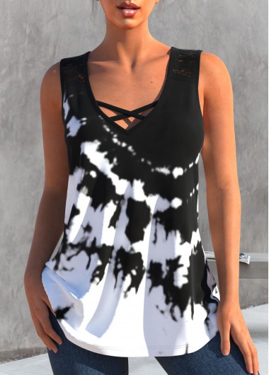 Tie Dye Print Cross Strap Black Tank Top