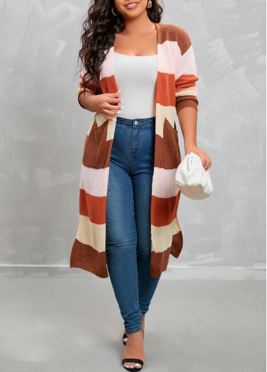 Multi Color Plus Size Double Side Pockets Cardigan