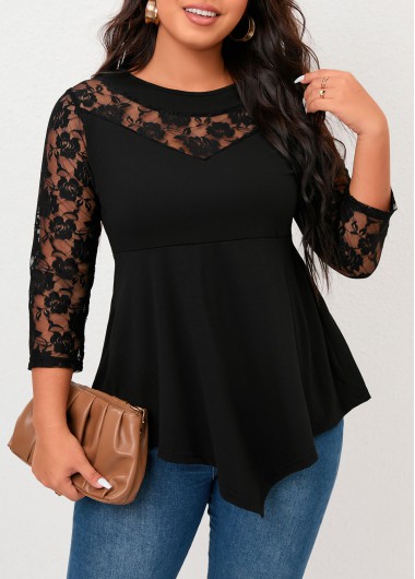 Plus Size Lace Stitching Asymmetric Hem Black T Shirt