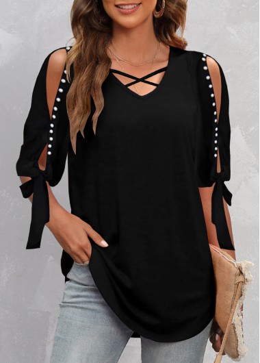 Pearl Design Black Cold Shoulder T Shirt