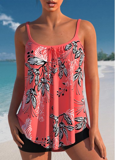 Leaf Print Bowknot Coral Red Tankini Top