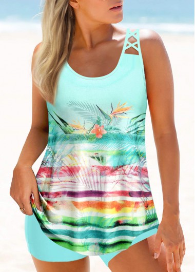Light Green Tropical Print Cross Strap Tankini Top