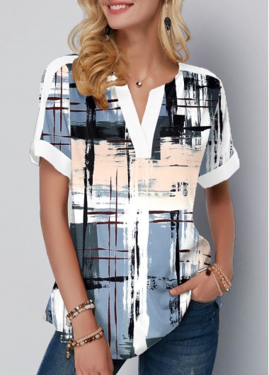 Split Neck Short Sleeve Graffiti Print Blouse