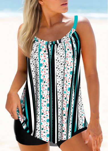 Floral Print Drawstring Fold Multi Color Tankini Top