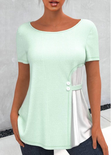 Light Green Chiffon Panel Waffle Knit T Shirt