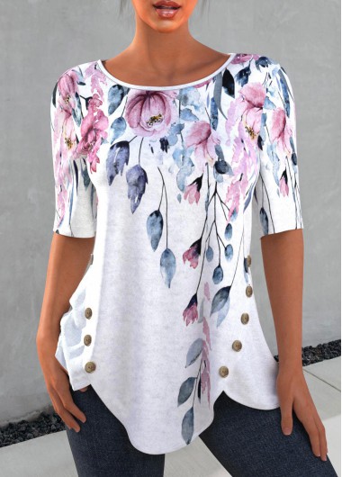 Floral Print Petal Hem Decorative Button T Shirt