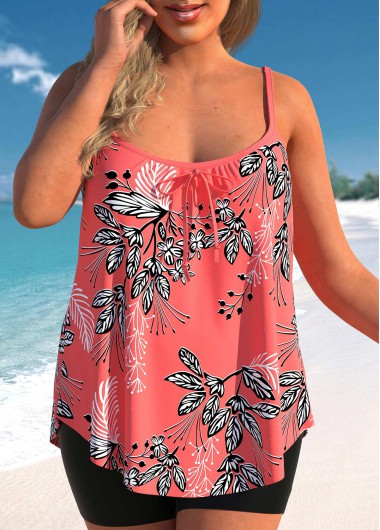 Coral Red Leaf Print Plus Size Tankini Top