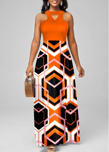 Geometric Print Halter Orange Maxi Dress