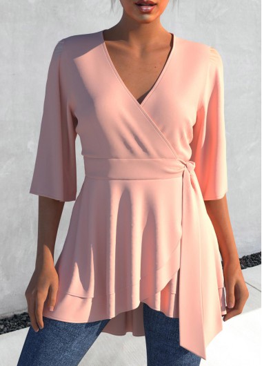 Tie Side Layered Asymmetric Hem Light Pink Blouse