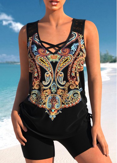 Paisley Print Black Lace Stitching Tankini Top