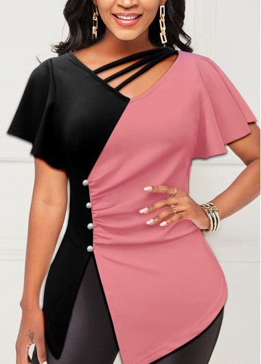 ROTITA Side Slit Contrast Pink T Shirt