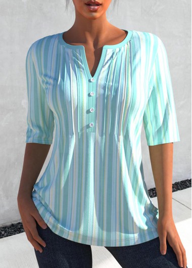 Split Neck Striped Cyan 3/4 Sleeve Blouse