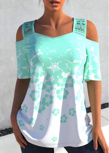 Lace Stitching Cyan Floral Print Ombre T Shirt
