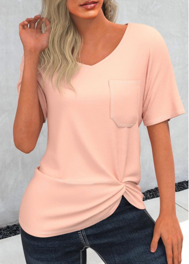 Pocket Twist Hem Light Pink T Shirt