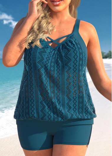 Peacock Blue Lace Stitching Plus Size Tankini Set