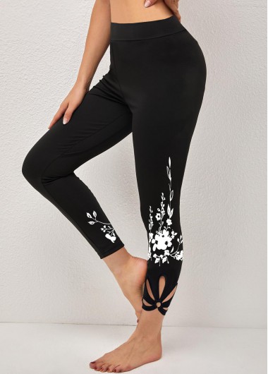 Floral Print Cutout Skinny Black Legging