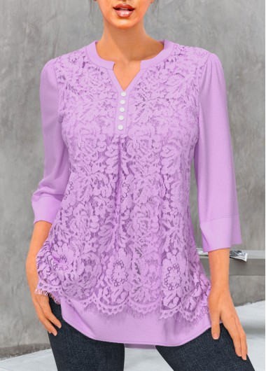 Lace Stitching Split Neck Light Purple Blouse