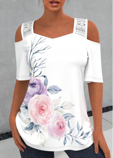 Floral Print Cold Shoulder Lace Stitching T Shirt