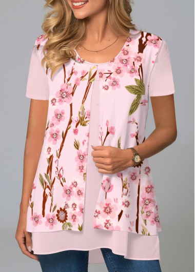 Floral Print Pink Short Sleeve Round Neck Blouse