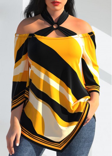ROTITA Striped Asymmetric Hem Yellow T Shirt