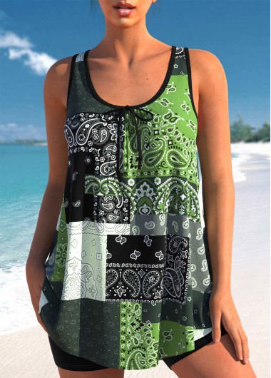 Paisley Print Bowknot Blackish Green Tankini Top