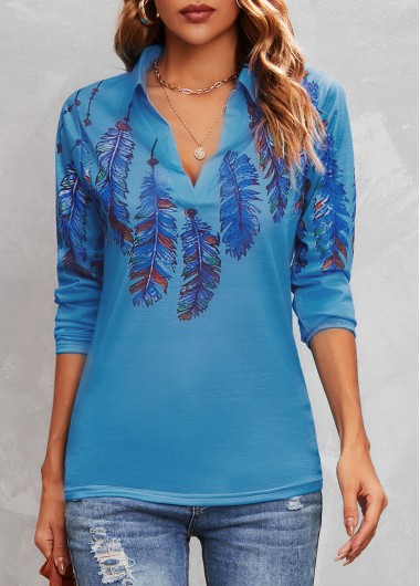 Feathers Print Turn Down Collar Blue T Shirt