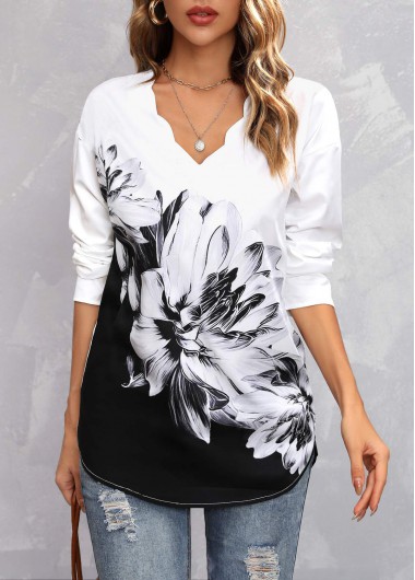 Floral Print Long Sleeve Black Blouse