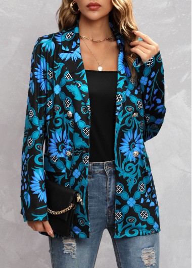 Floral Print Decorative Button Blue Blazer
