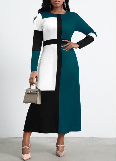 Green Contrast Long Sleeve Round Neck Dress