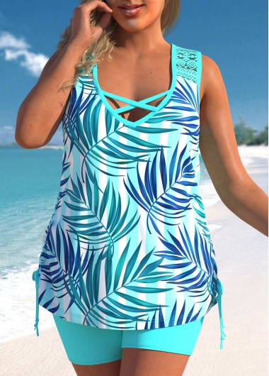 Cyan Plus Size Tropical Print Lace Stitching Tankini Set