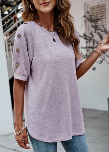 Decorative Button Purple Half Sleeve T Shirt